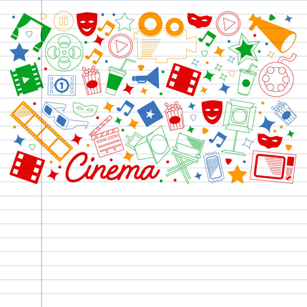 Vector pattern with cinema icons. Movie Theater, TV, popcorn, video clips, musical - Vector, afbeelding