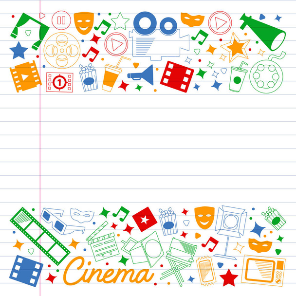 Vector pattern with cinema icons. Movie Theater, TV, popcorn, video clips, musical - Vektör, Görsel