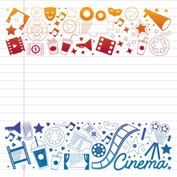 Vector pattern with cinema icons. Movie Theater, TV, popcorn, video clips, musical - Vektor, obrázek
