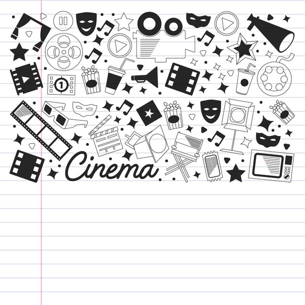 Vector pattern with cinema icons. Movie Theater, TV, popcorn, video clips, musical - Vetor, Imagem