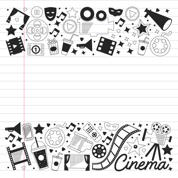 Vector pattern with cinema icons. Movie Theater, TV, popcorn, video clips, musical - Вектор,изображение
