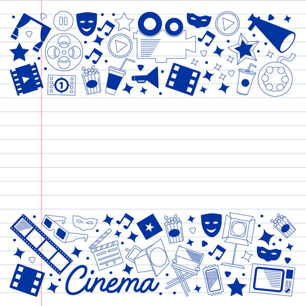 Vector pattern with cinema icons. Movie Theater, TV, popcorn, video clips, musical - Vetor, Imagem