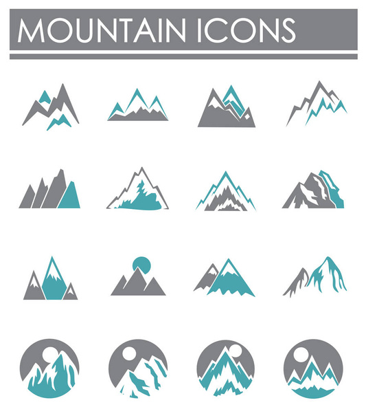 Iconos relacionados con la montaña establecidos en segundo plano para diseño gráfico y web. Un símbolo de concepto de ilustración creativa para aplicaciones web o móviles.. - Vector, imagen