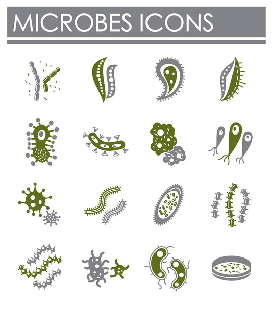 Піктограми, пов'язані з Microbe, встановлені на тлі графічного та веб-дизайну. Символ концепції креативної ілюстрації для веб або мобільного додатку
. - Вектор, зображення
