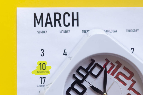 10th march 2020. Daylight saving day highlighted marked on March calendar - Photo, Image