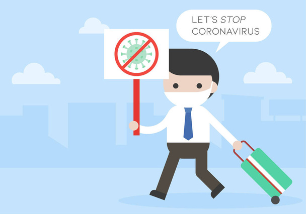 Hombre con señal de virus de parada, Vamos a detener coronavirus vector ilustración
 - Vector, imagen