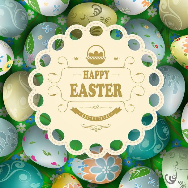Easter composition with beautiful eggs drawn in a circle, light curly round frame with braid and text - Vecteur, image