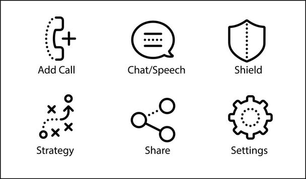 Icone vettoriali creative per aggiungere chiamate, chat, scudi, strategie, condivisioni e impostazioni. Set di icone
 - Vettoriali, immagini