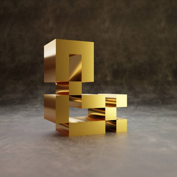 Pixel ampersand symbol. Golden glossy character on dark leather background. - Фото, изображение
