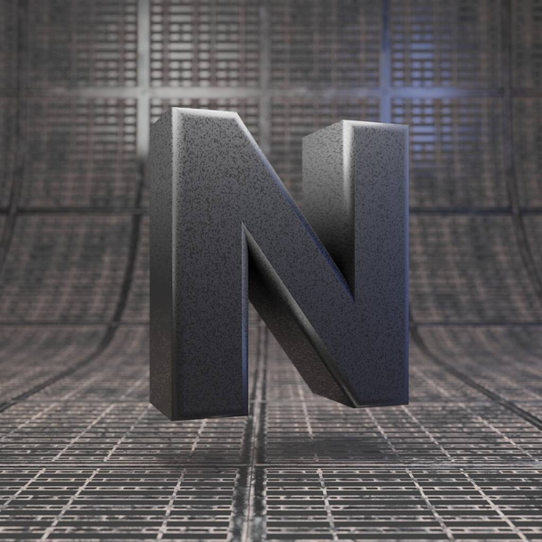 Czarna litera "N". Dlsr aparat korpus plastikowy tekstury alfabetu na metalowej podłodze. - Zdjęcie, obraz