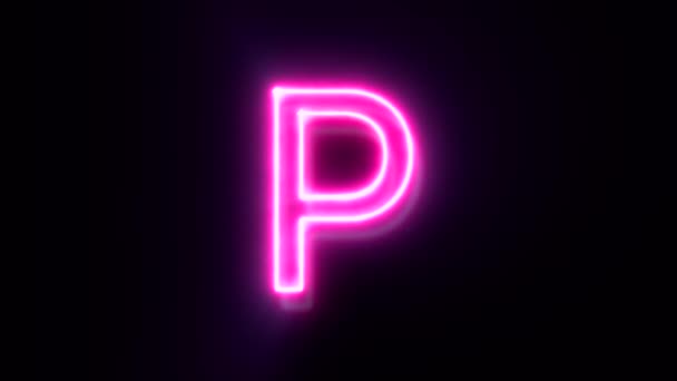 Pink neon lettertype letter P uppercase, animated alfabet symbool op zwarte achtergrond. - Video