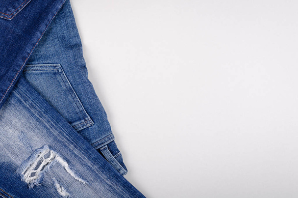 Blue cotton jeans texture background with copy space. - Zdjęcie, obraz