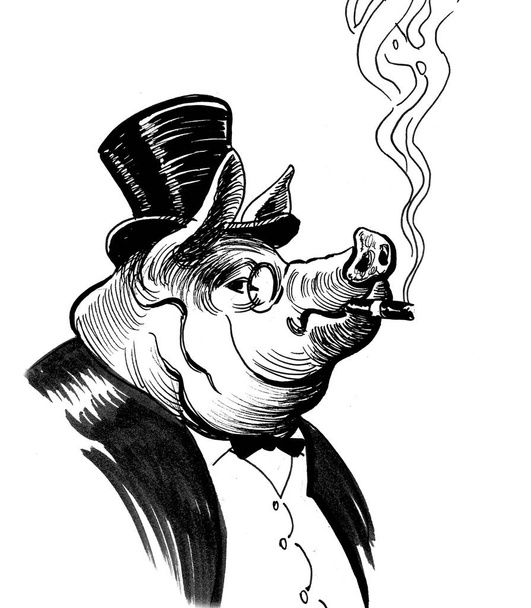 Reiches Schwein im Zylinder, Zigarre rauchend. Schwarz-weiße Tuschezeichnung - Foto, Bild