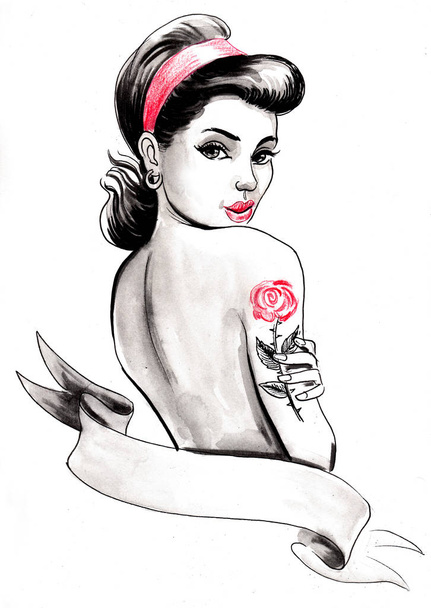 Pretty woman with a rose tattoo on her shoulder. Ink and watercolor illustration - Photo, Image