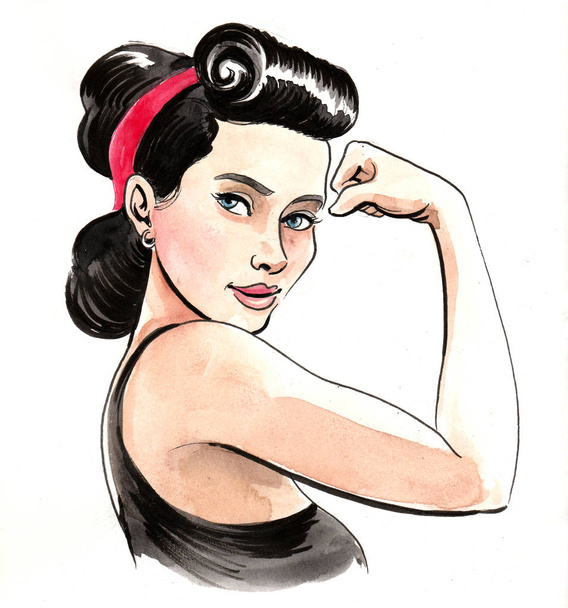 Pěkná štíhlá žena, co ohýbá biceps. Inkoust a akvarel ilustrace - Fotografie, Obrázek