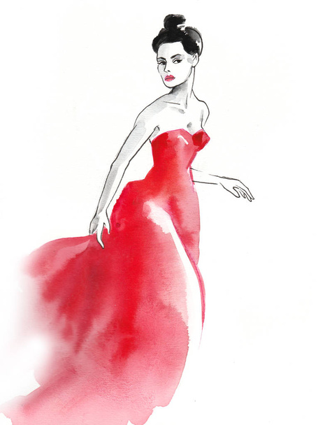 Pretty lady in red dress. Ink and watercolor illustration - Zdjęcie, obraz
