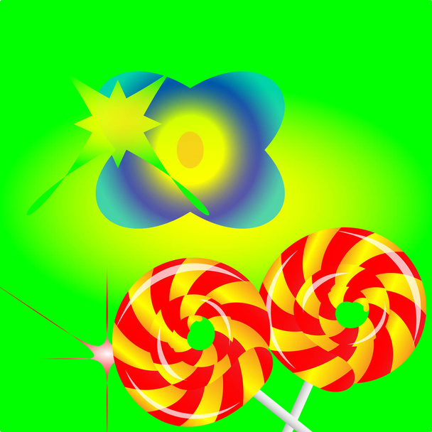 két kerek cukorka színes háttérrel. A csomagolás témája - Vektor, kép