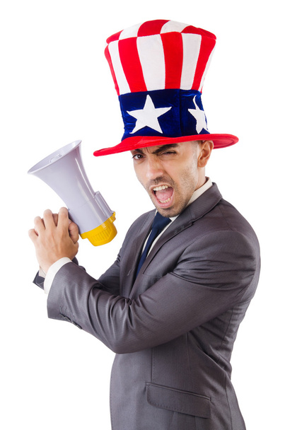 άνθρωπος με μεγάφωνο και αμερικανική καπέλο - Φωτογραφία, εικόνα