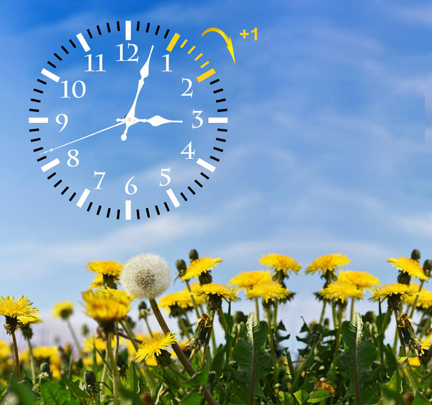 Sommerzeit (dst). blauer Himmel mit gelben Löwenzahn. Umdrehungszeit vorwärts (+ 1h). - Foto, Bild