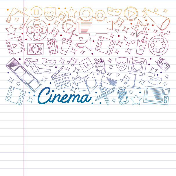Cinema, video. Doodle set of vector icons. Megaphone, camera, movie. Musical theathre, entertaiment. - Vector, Imagen