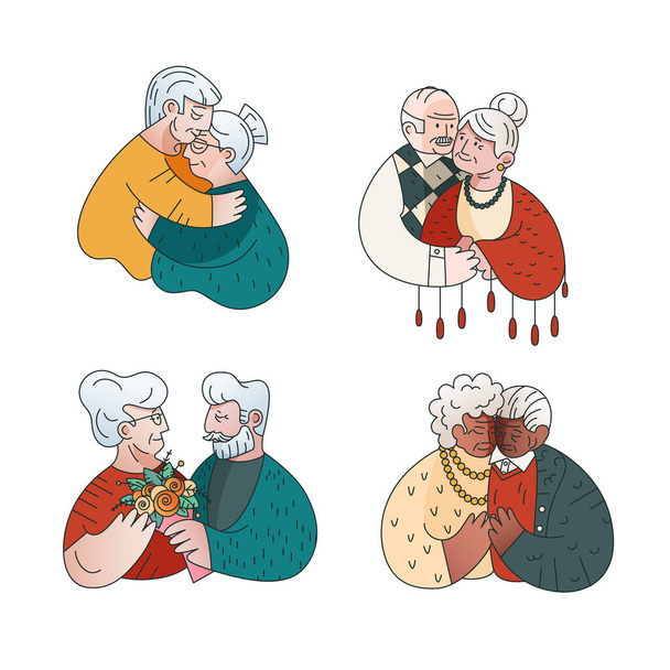 Romantikus vektorok halmaza elszigetelt sokszínűség idősebb boldog párok, lapos stílus. - Vektor, kép
