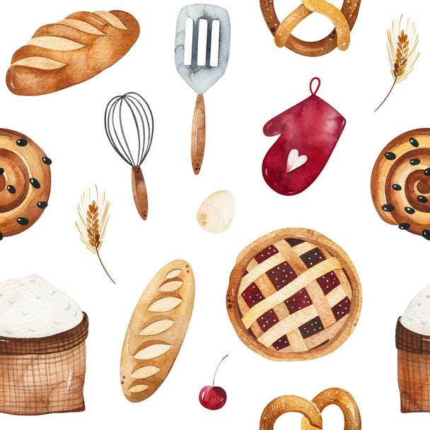 Patrón sin costuras con pasteles de panadería y objetos sobre fondo blanco
 - Foto, Imagen
