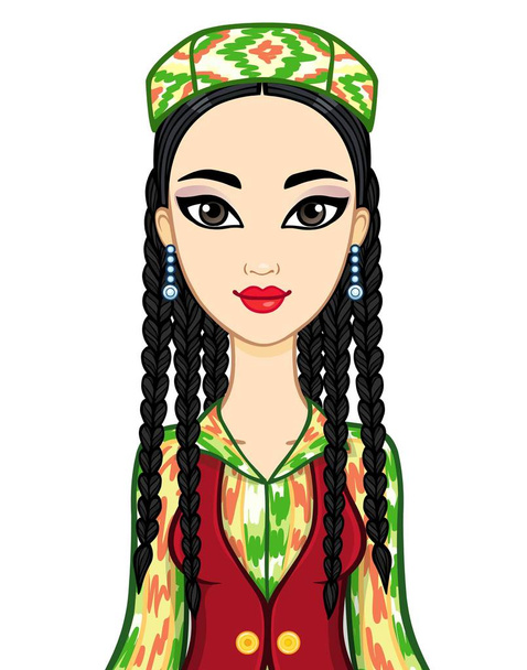 Asian beauty. Animation portrait of a beautiful girl in ancient national cap and jewelry. Central Asia. Vector illustration isolated on a white background. Print, poster, t-shirt, card - Vector, Image