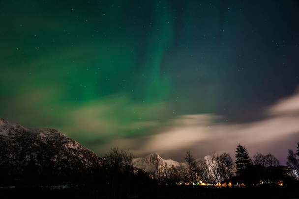 Photo de paysage nocturne avec montagnes et forêt, lumière du nord dans le ciel. Norvège du Nord
. - Photo, image