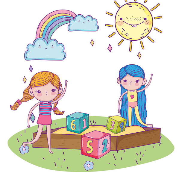 happy childrens day, girls in sandbox with numbers blocks park - Vector, afbeelding