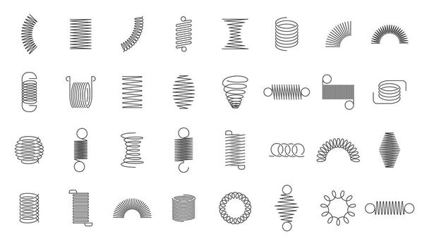 Spring coils. Metal spiral spring, car motor coil swirls silhouette, wire springs, metallic flexible coils and linear steel curved spiral elements isolated vector icons set - Vector, Image