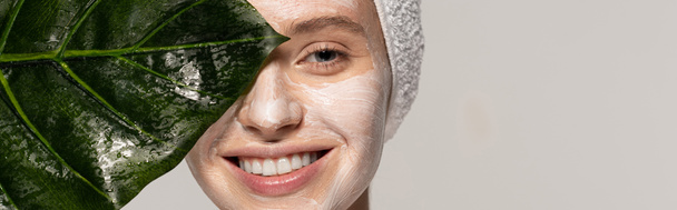 панорамный снимок привлекательной улыбающейся девушки с косметической маской на лице, позирующей с зеленым листом, изолированной на сером
  - Фото, изображение