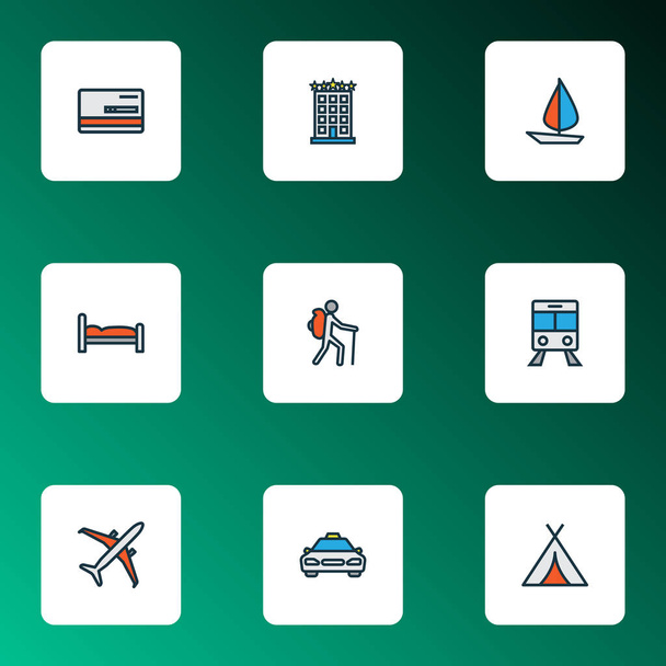 Exploration icons colored line set with tent, airplane, train and other payment elements. Isolated illustration exploration icons. - Photo, Image