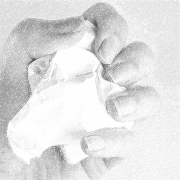 A woman's hand holds a crumpled paper ball with a copy of space on a gray background. Dogital sketch. Crumpled paper in hand, hand and crumpled paper, on a white background - Fotoğraf, Görsel