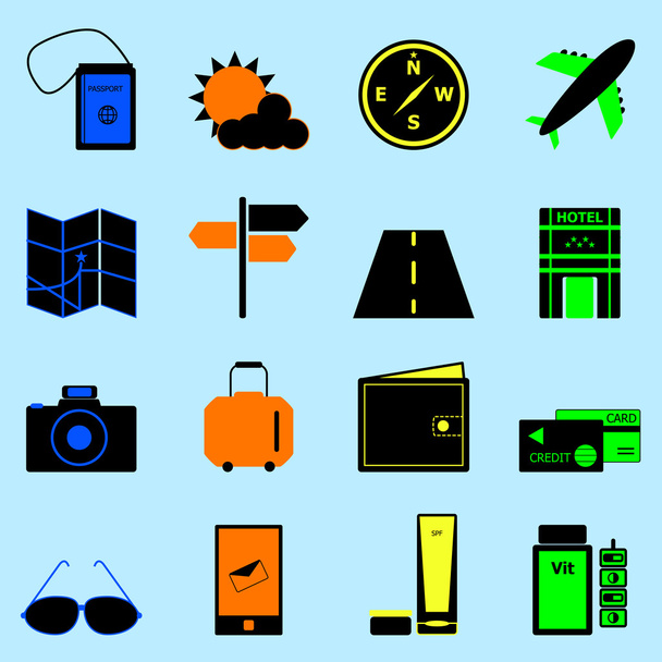 Iconos coloridos de viaje establecidos sobre fondo azul claro
 - Vector, imagen