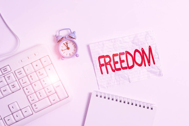 Conceptual hand writing showing Freedom. Business photo showcasing liberty rather than in confinement or under physical restraint Paper with copy space on table with clock and keyboard. - Fotoğraf, Görsel