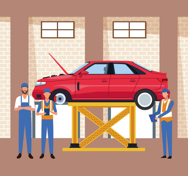 car workshop scenery with lifted car and mechanics standing - Vector, Image