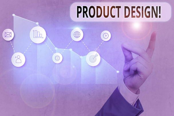 Signo de texto mostrando diseño de producto. Proceso fotográfico conceptual de crear o mejorar un producto para las necesidades de los clientes
. - Foto, imagen