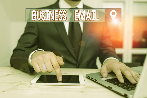 Text sign showing Business Email. Conceptual photo the email which you use specifically for your business Male human wear formal clothes present presentation use hi tech smartphone. - Fotografie, Obrázek