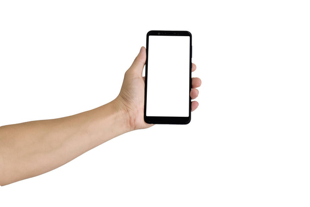 männliche Hand hält schwarzes Smartphone mit leerem Bildschirm, isoliert auf weißem Hintergrund. - Foto, Bild