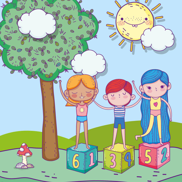 happy childrens day, boy and girls on blocks park - Vector, Image