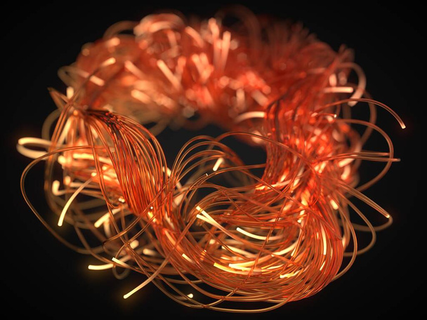 запутанные волоконно-оптические нити с светящимися концами, 3D иллюстрация
 - Фото, изображение