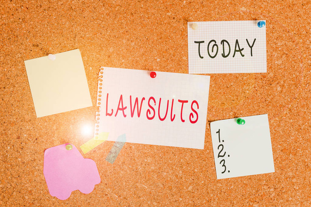 Word writing text Lawsuits. Business concept for a claim or dispute brought to a law court for adjudication Corkboard color size paper pin thumbtack tack sheet billboard notice board. - Photo, Image