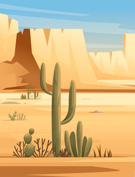Paysage désertique du désert de pierre avec plantes et rochers jour ensoleillé ciel bleu dessin vectoriel plat dessin vertical - Vecteur, image