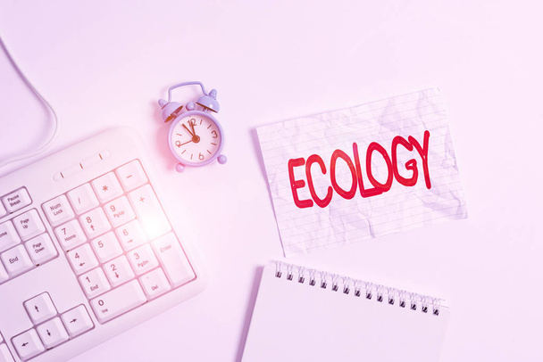 Conceptual hand writing showing Ecology. Business photo showcasing Branch of science relation organisms environment Scientific study Paper with copy space on table with clock and keyboard. - Photo, Image
