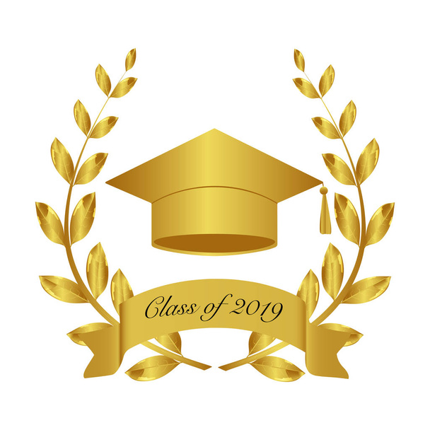 Випускний капелюх 2019 року. Золота нагорода, що зображує лавровий вінок та шапку для випускників. використання дипломів, сертифікатів та оцінок для студентів
. - Вектор, зображення