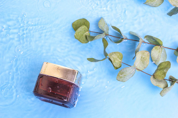 leere Cremedose Anti-Aging-Collagen-Gesichtsbehandlung mit Eukalyptusblättern auf blauer Wasseroberfläche des Pools, Draufsicht. Konzept Sommerkosmetik. natürliches biologisches Schönheitsprodukt - Foto, Bild