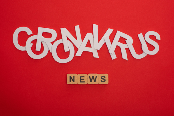 Vista superior de las letras coronavirus y noticias sobre cubos de madera sobre fondo rojo
 - Foto, Imagen