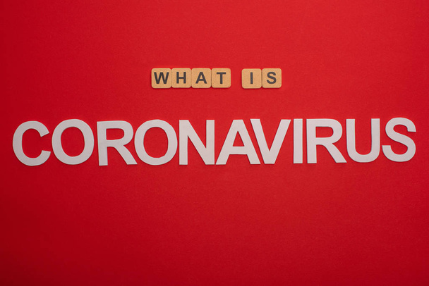Top view of what is coronavirus words on red background - Foto, Imagem