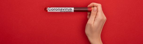 Kırmızı arka planda kan örneği ve koronavirüs harfleriyle test tüpü tutan kadının üst görüntüsü, panoramik çekim. - Fotoğraf, Görsel