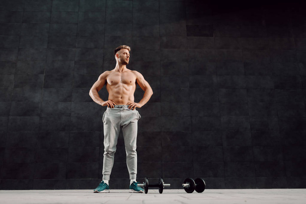 Full length of handsome shirtless muscular caucasian man standing with hands on hips in front of dark background and looking away. Next to his feet are dumbbells. - Φωτογραφία, εικόνα
